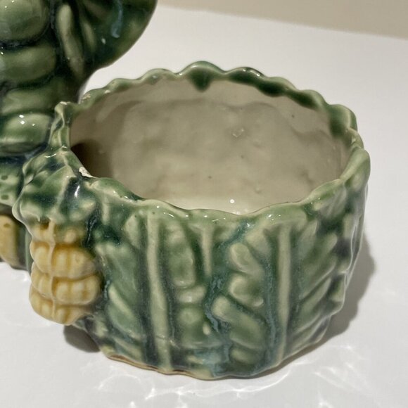 VTG Majolica Style Elephant Planter Bamboo Succulent Trunk Up Good Luck Green - Picture 4 of 11